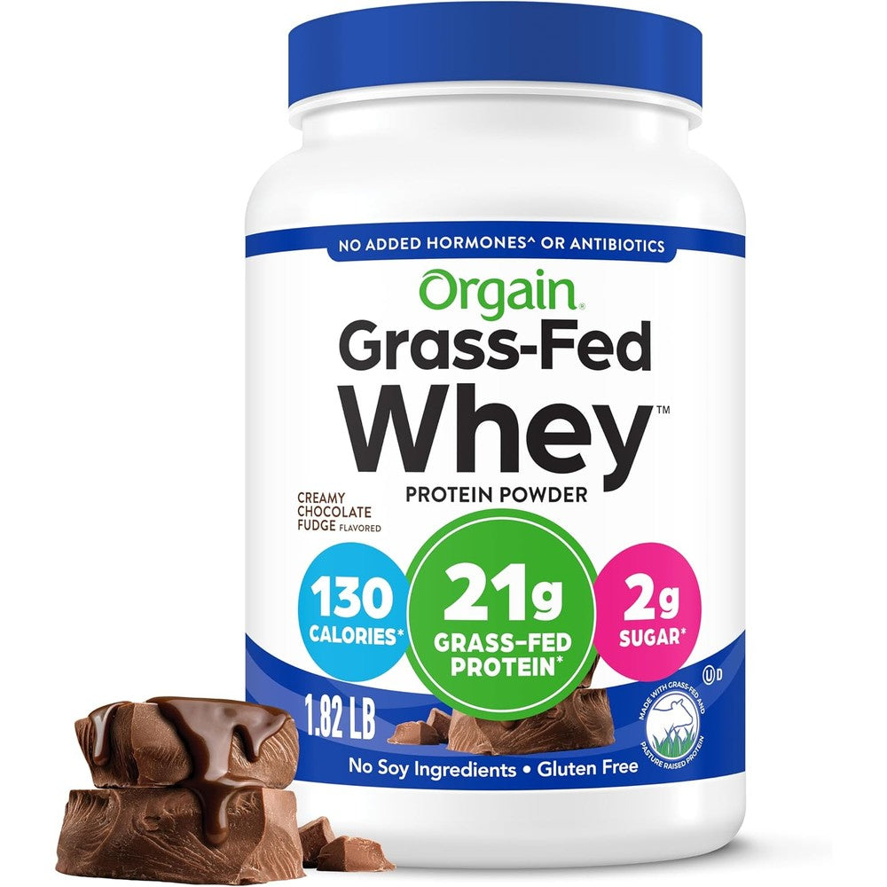 Orgain Grass Fed Whey Protein Powder Creamy Chocolate Fudge container front view