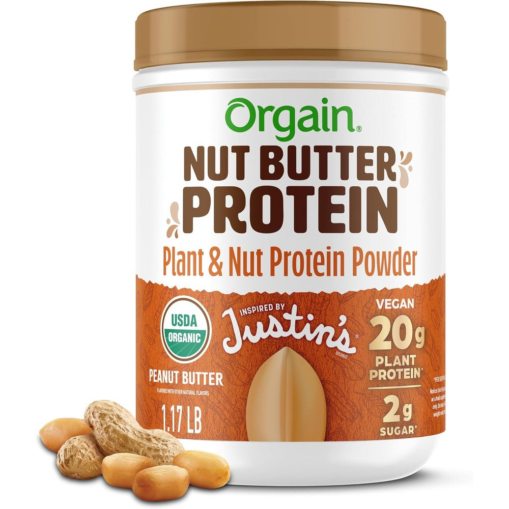 Orgain X Justin's Organic Vegan Nut Butter Protein Powder front view container