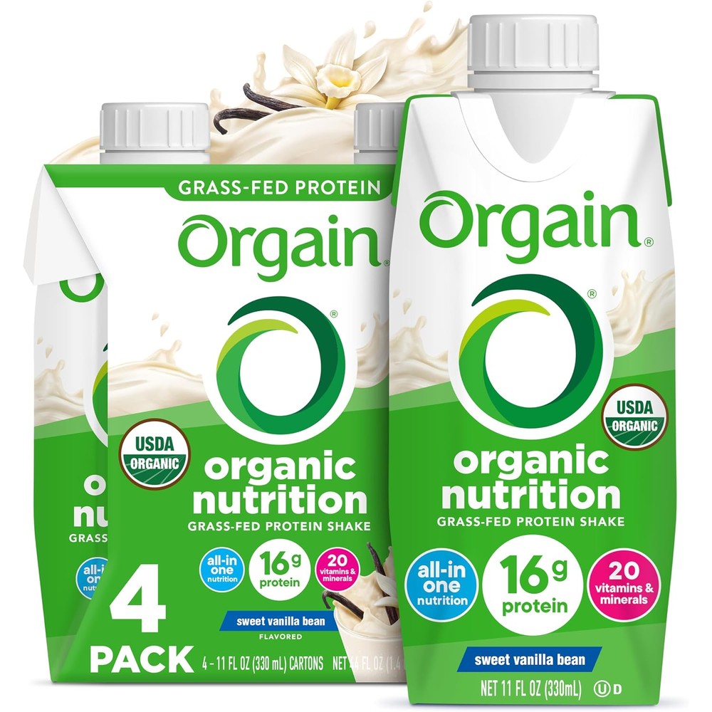 Orgain Organic Nutritional Shake Sweet Vanilla Bean Meal Replacement Ready To Drink Sixteen Grams Grass Fed Protein Eleven Ounce Four Count