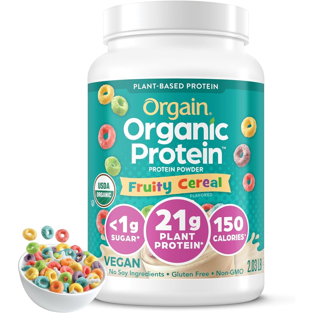 Orgain Organic Vegan Protein Powder Fruity Cereal 21 Grams Plant Based Protein 8 Grams Prebiotic Fiber Low Net Carb Non GMO 2.03 Pounds