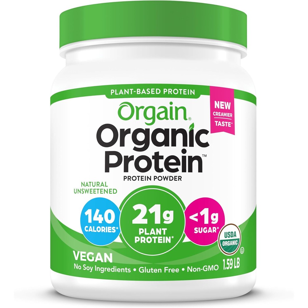 Orgain Organic Vegan Protein Powder Natural Unsweetened front view container