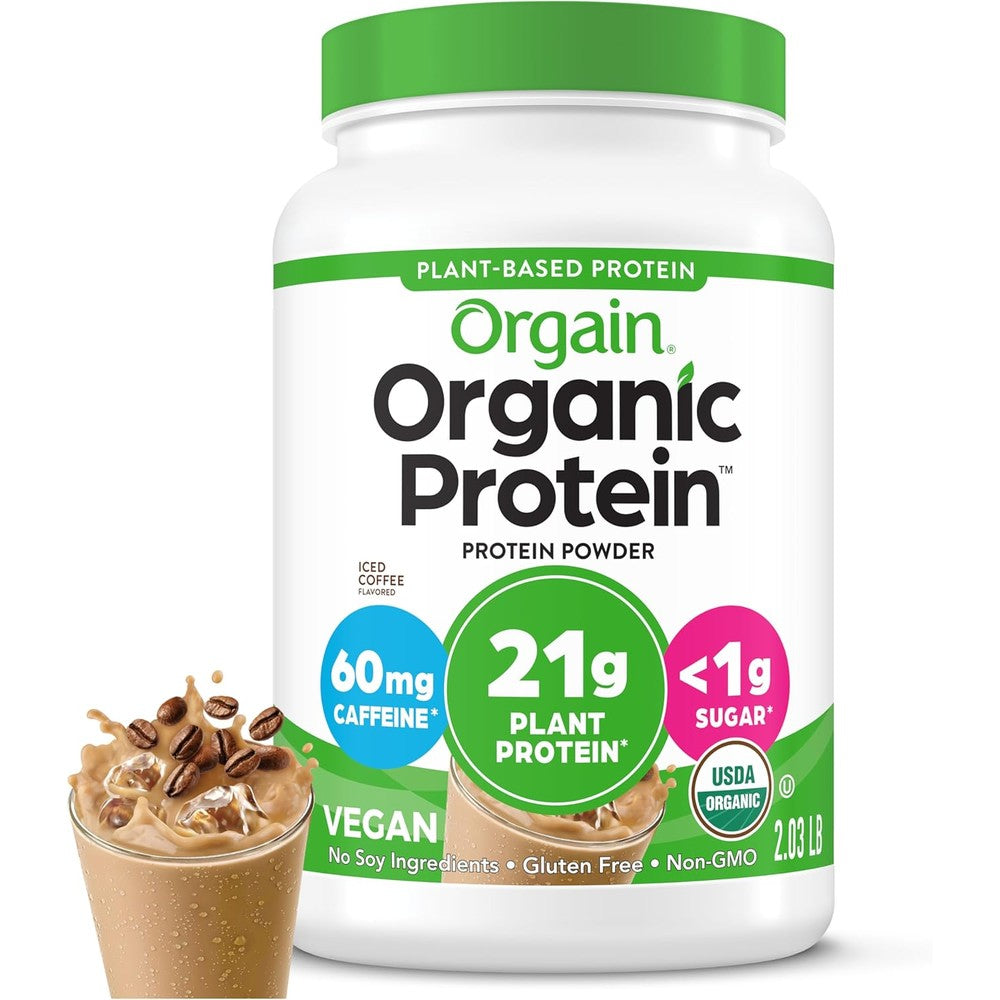 Orgain Organic Vegan Protein Powder, Iced Coffee Flavor, 21 Grams Plant Protein, 60 Milligrams Caffeine, 2.03 Pound Tub - Image 1