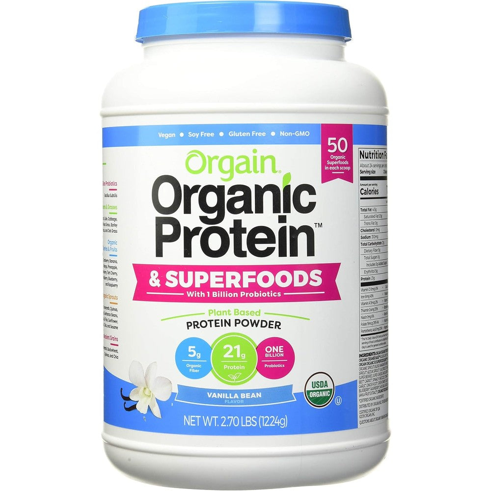 Orgain Organic Protein And Superfoods Vanilla Bean Powder front view container