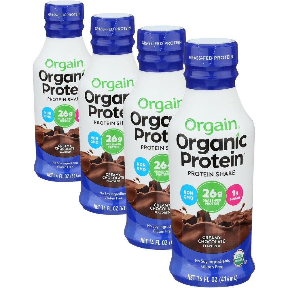 Orgain Organic Protein Shake Creamy Chocolate Fudge four pack front view showing nutritional packaging details.
