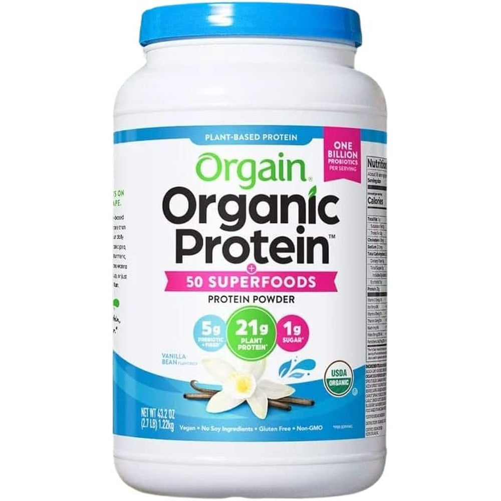 Orgain Organic Plant Based Protein Powder Vanilla Bean front view of container