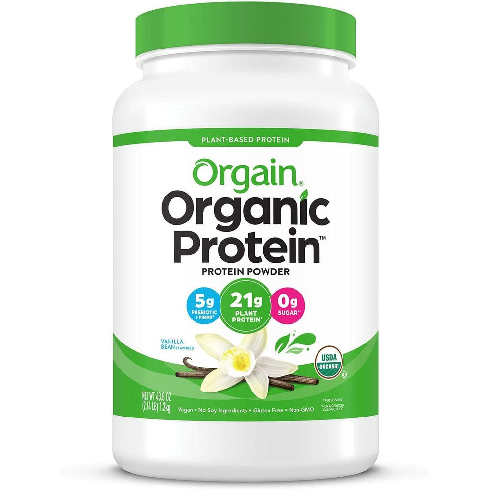 Orgain Organic Plant Based Protein Powder Vanilla Bean front view container