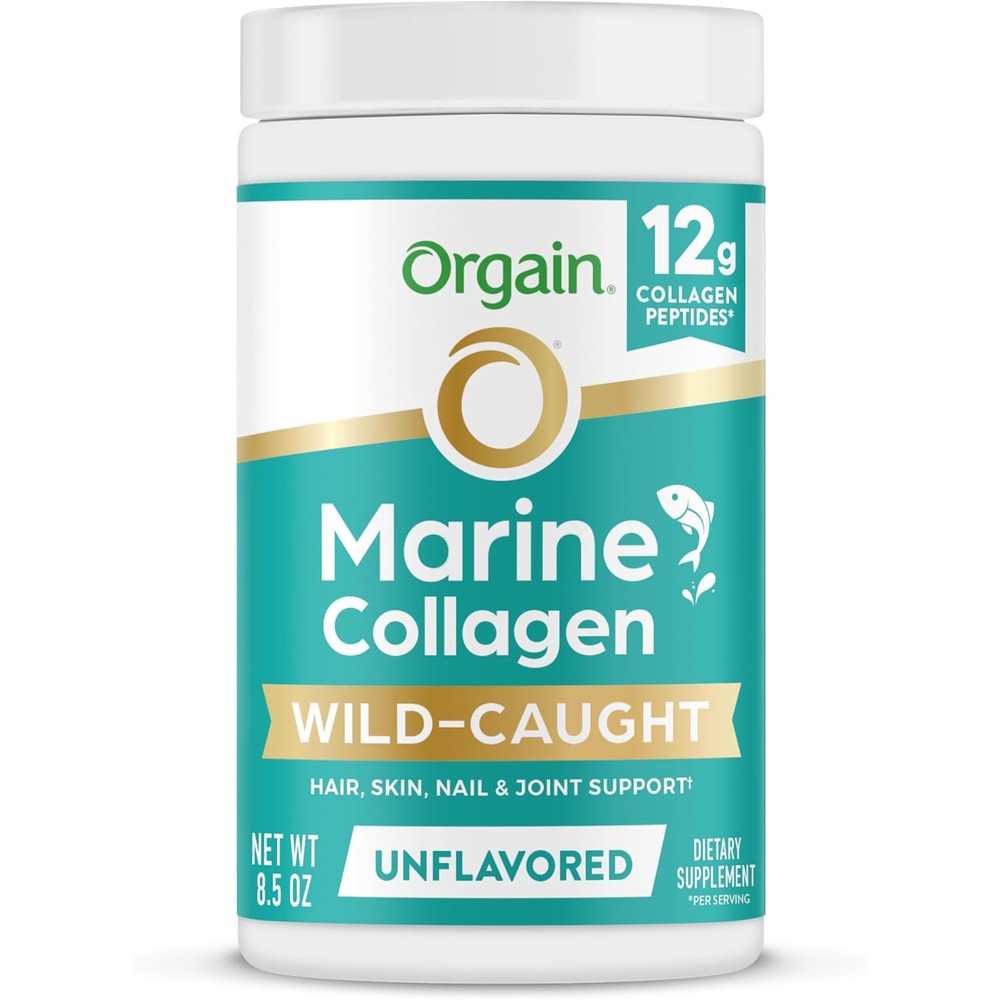Orgain Wild Caught Marine Collagen Peptides Powder 8.5 Ounce front packaging showing clean unflavored supplement details
