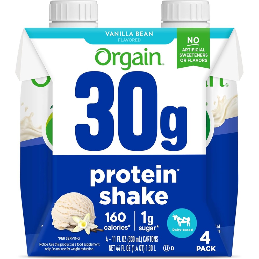 Orgain Vanilla Bean High Protein Shake four pack front packaging view showcasing thirty grams protein label