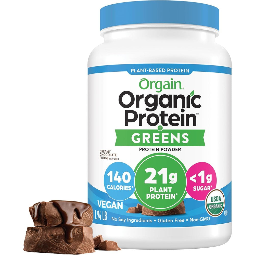 Orgain Organic Vegan Protein Powder Plus Greens Creamy Chocolate Fudge 21 Grams Plant Based Protein 1.94 Pound - Image 1