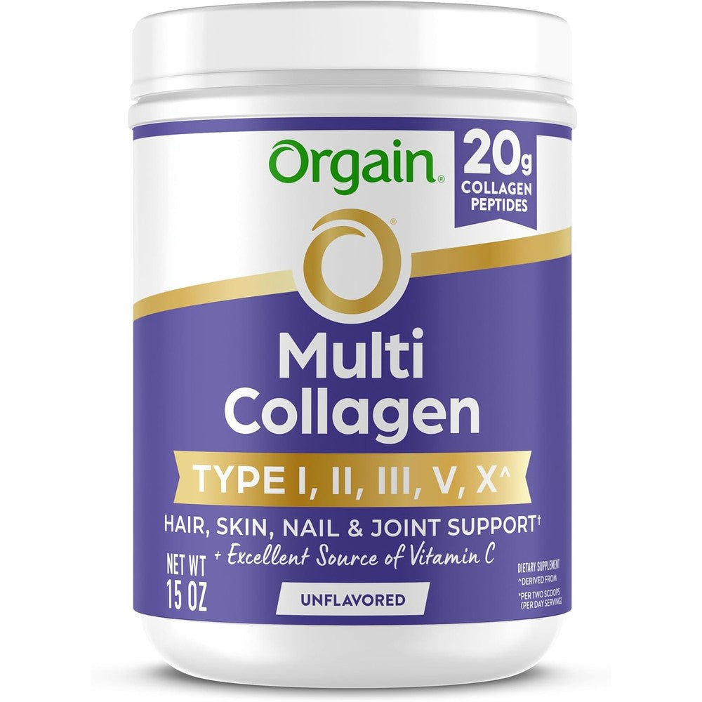Orgain Hydrolyzed Multi Collagen Powder front view 15 ounce container