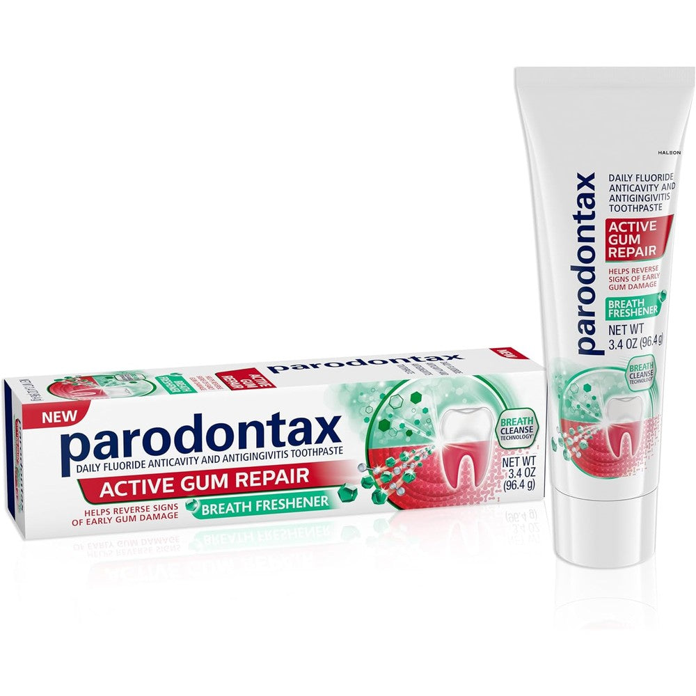 Parodontax Active Gum Repair Breath Freshener Toothpaste front view of packaging tube for bleeding gums