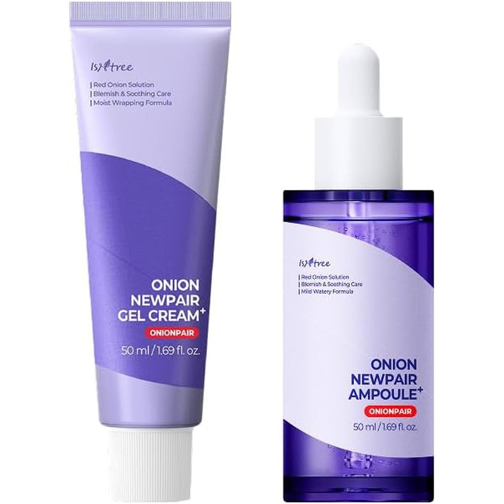 Isntree Onion Newpair skincare set front view featuring ampoule and gel cream bottles.
