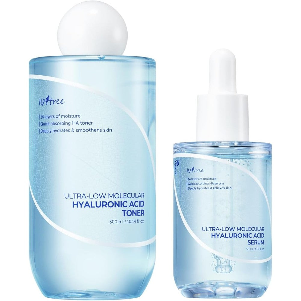 IsNtree ultra low molecular hyaluronic acid toner and serum set front packaging view for deep hydration