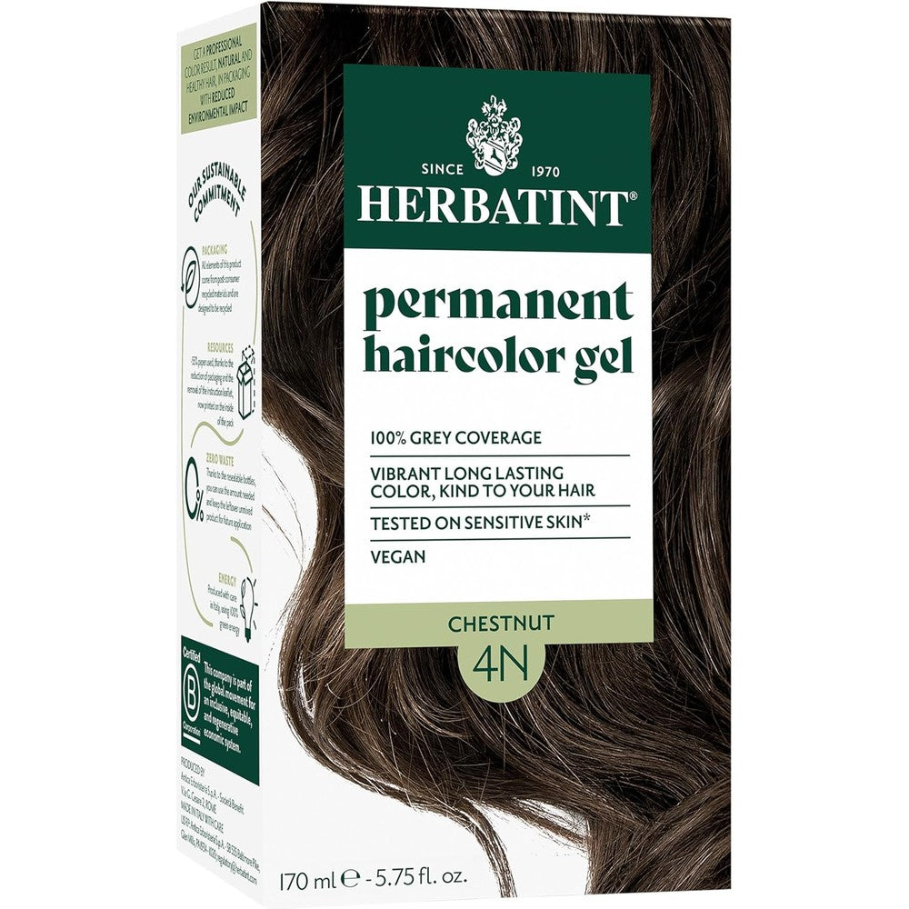 Herbatint Permanent Herbal Hair Color Gel 4N Chestnut front packaging box view showcasing vegan dye logo