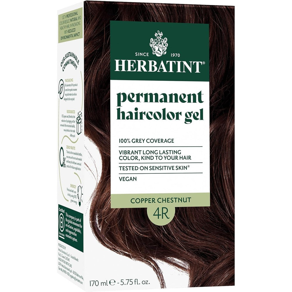 Herbatint Permanent Haircolor Gel 4R Copper Chestnut front packaging box showing brand details.