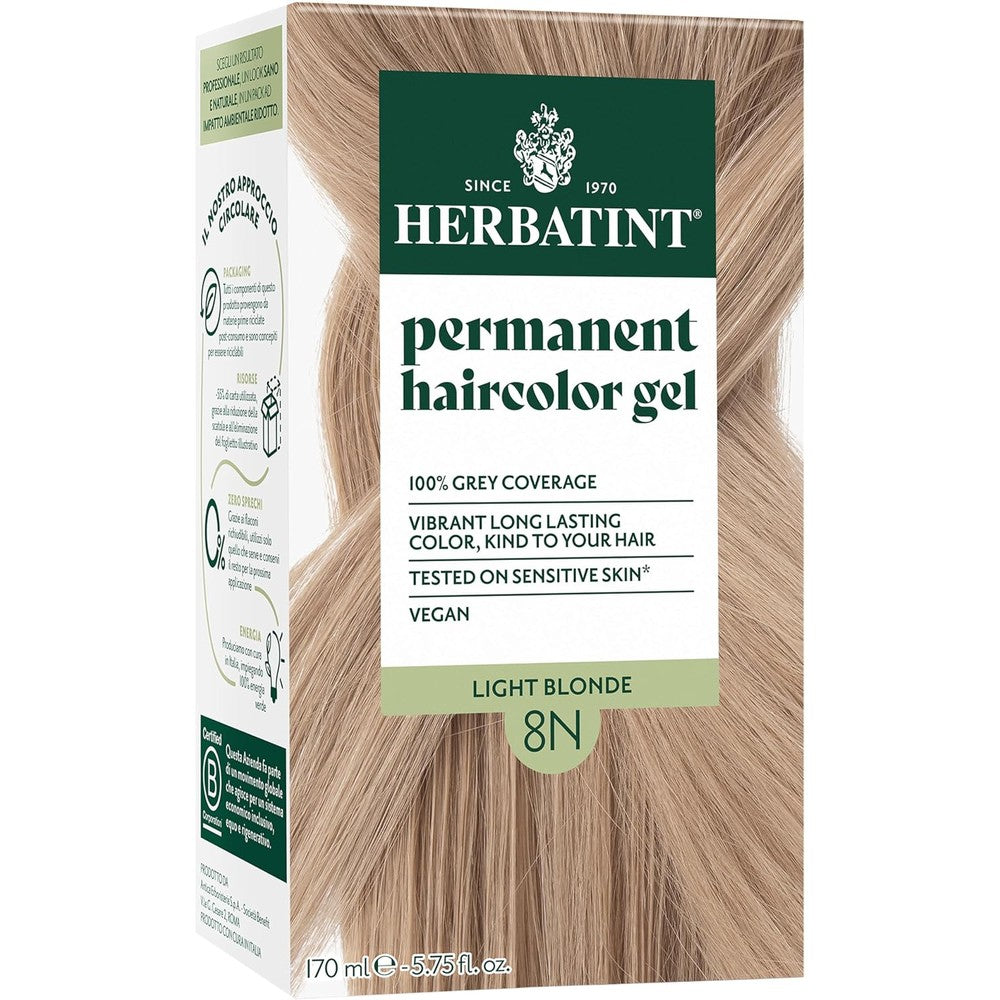 Herbatint 8N Light Blonde Permanent Haircolor Gel front view packaging showing organic herbal extracts logo