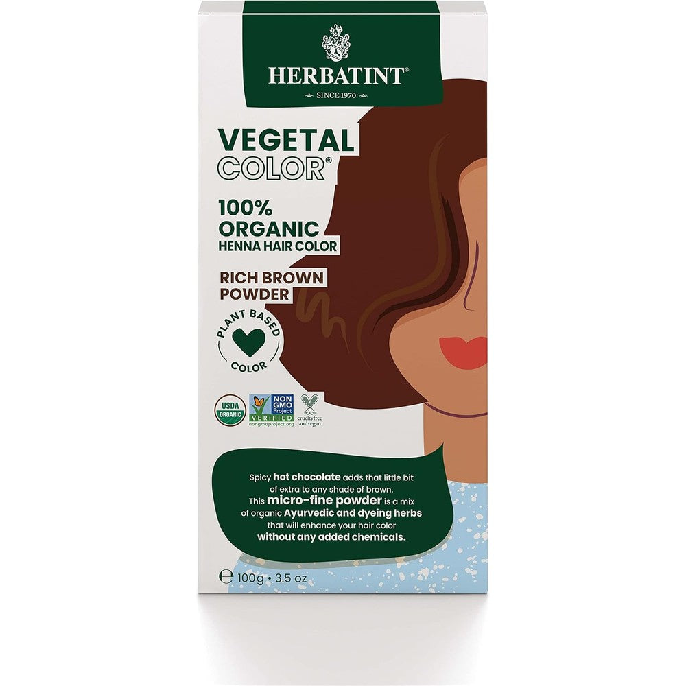 Herbatint Vegetal Color Rich Brown organic hair dye box front view showcasing packaging details.
