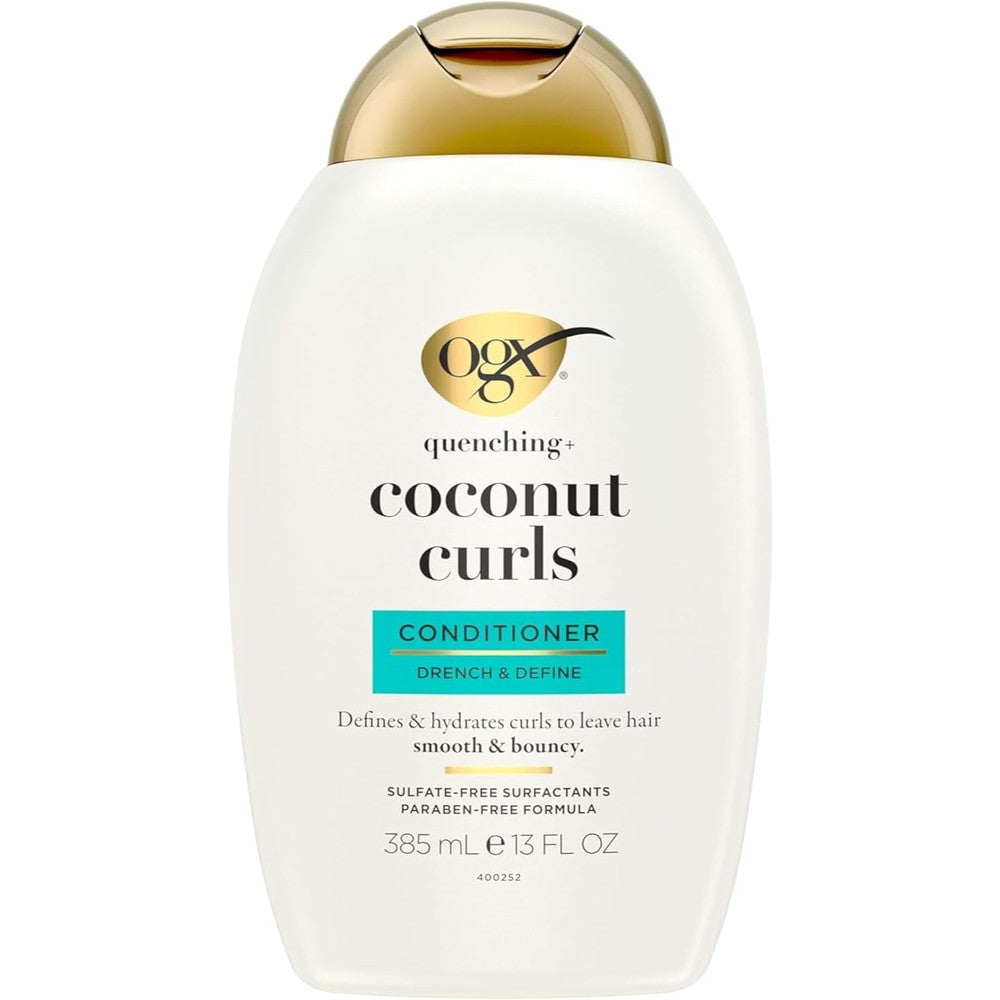 OGX Quenching Plus Coconut Curls Conditioner front view showing gold cap bottle