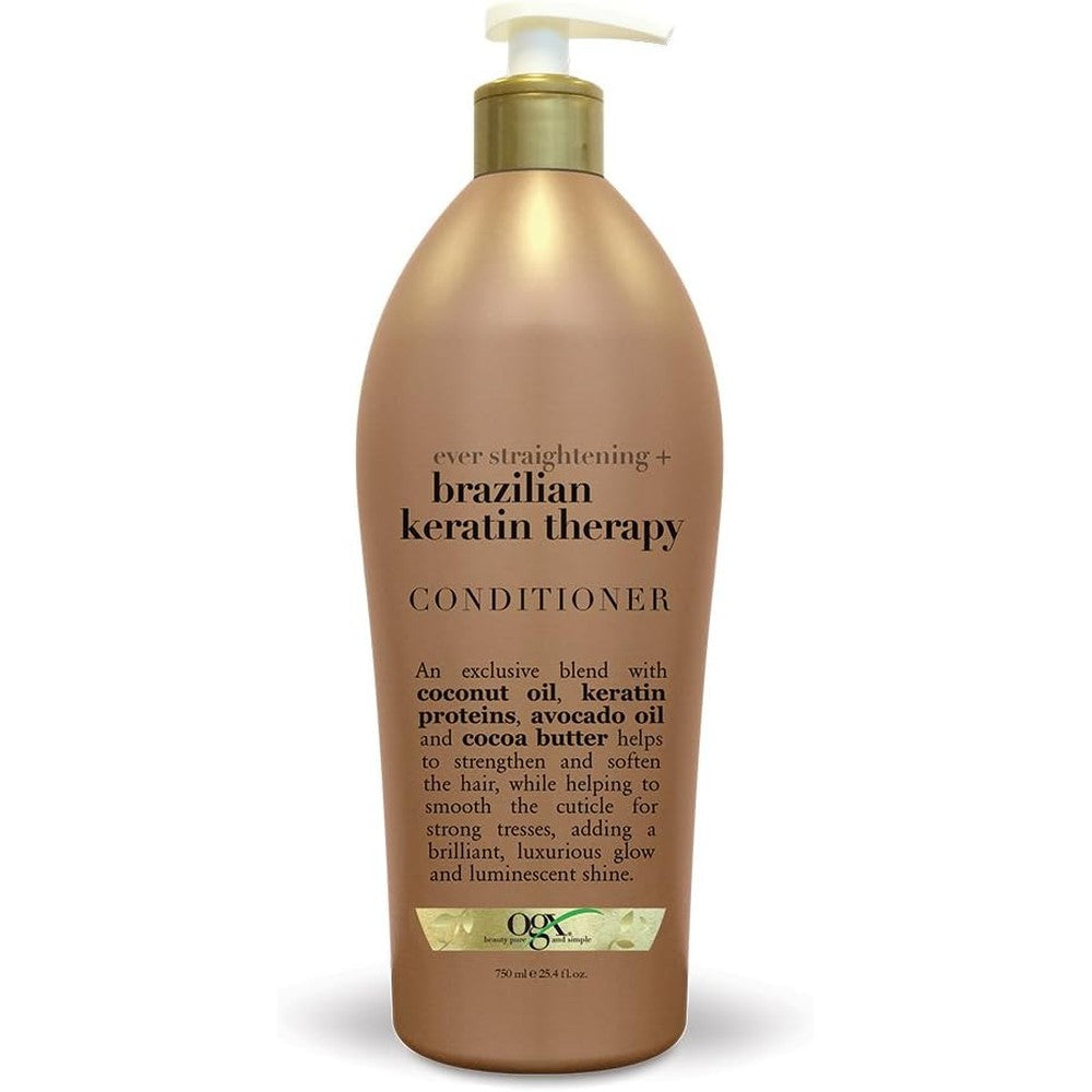 OGX Ever Straightening plus Brazilian Keratin Therapy Conditioner 750ml front view bottle for salon smooth hair.