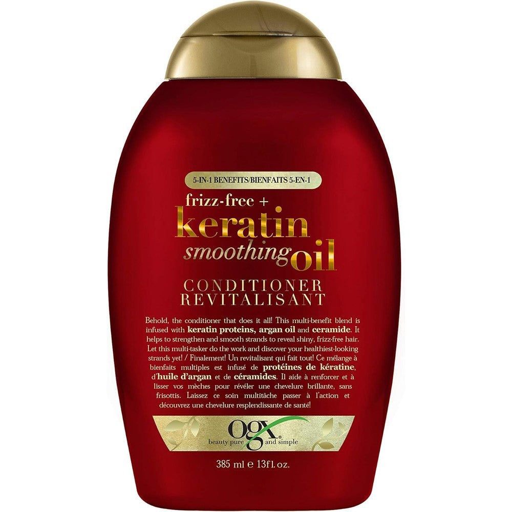 OGX Frizz-Free and Keratin Smoothing Oil Conditioner front view bottle for salon-sleek hair.
