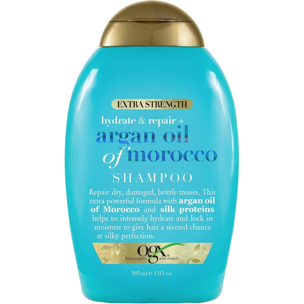 OGX Extra Strength Argan Oil of Morocco Shampoo 385ml front view bottle for dry hair repair