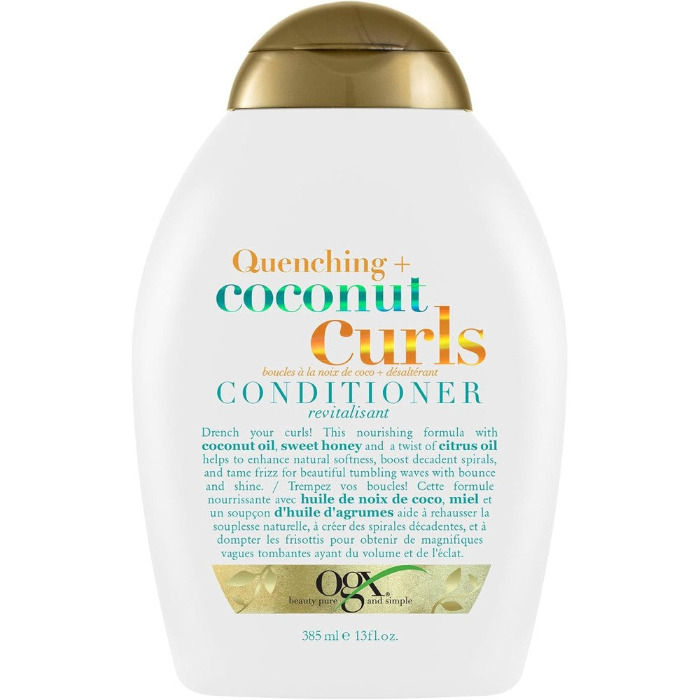 OGX Quenching Plus Coconut Curls Conditioner 385ml front view showing authentic packaging