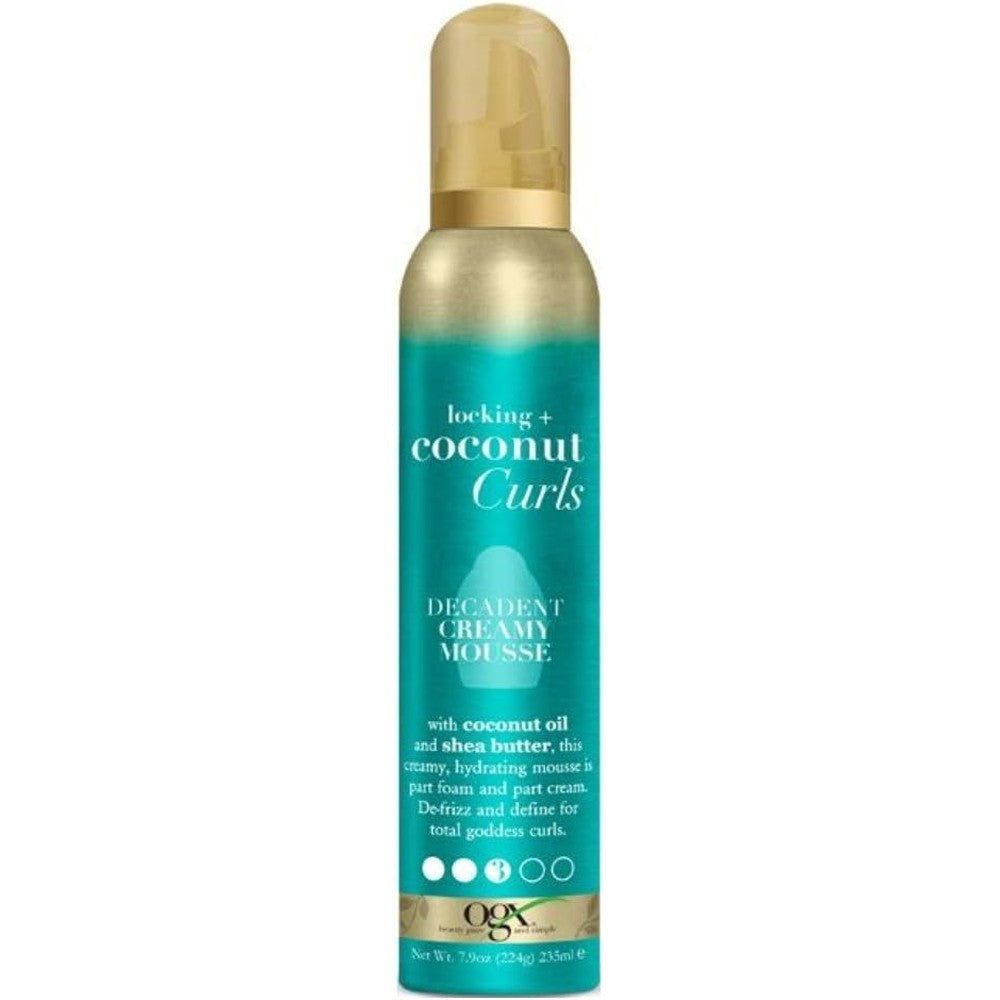 OGX Locking Plus Coconut Curls Decadent Creamy Mousse front view packaging for curly hair styling.