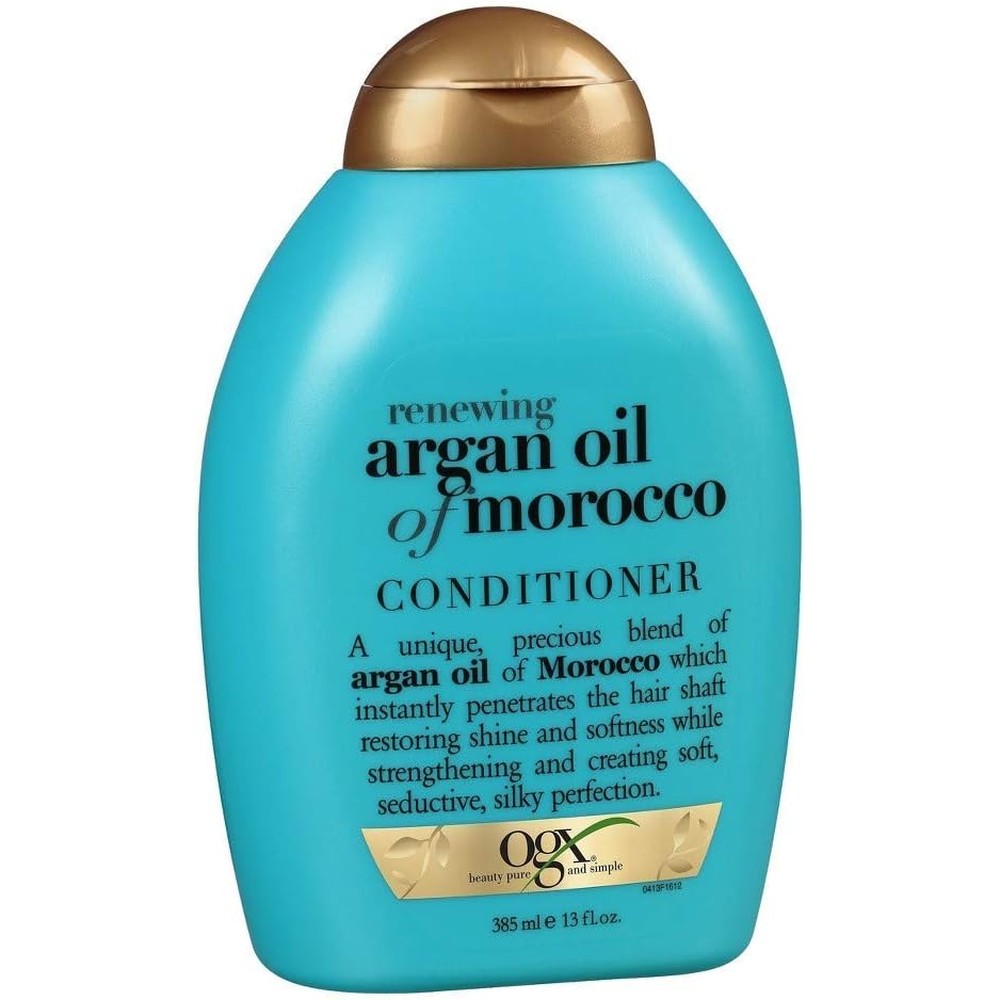 OGX Renewing Argan Oil of Morocco Conditioner twin pack front view featuring distinctive teal bottles with gold caps