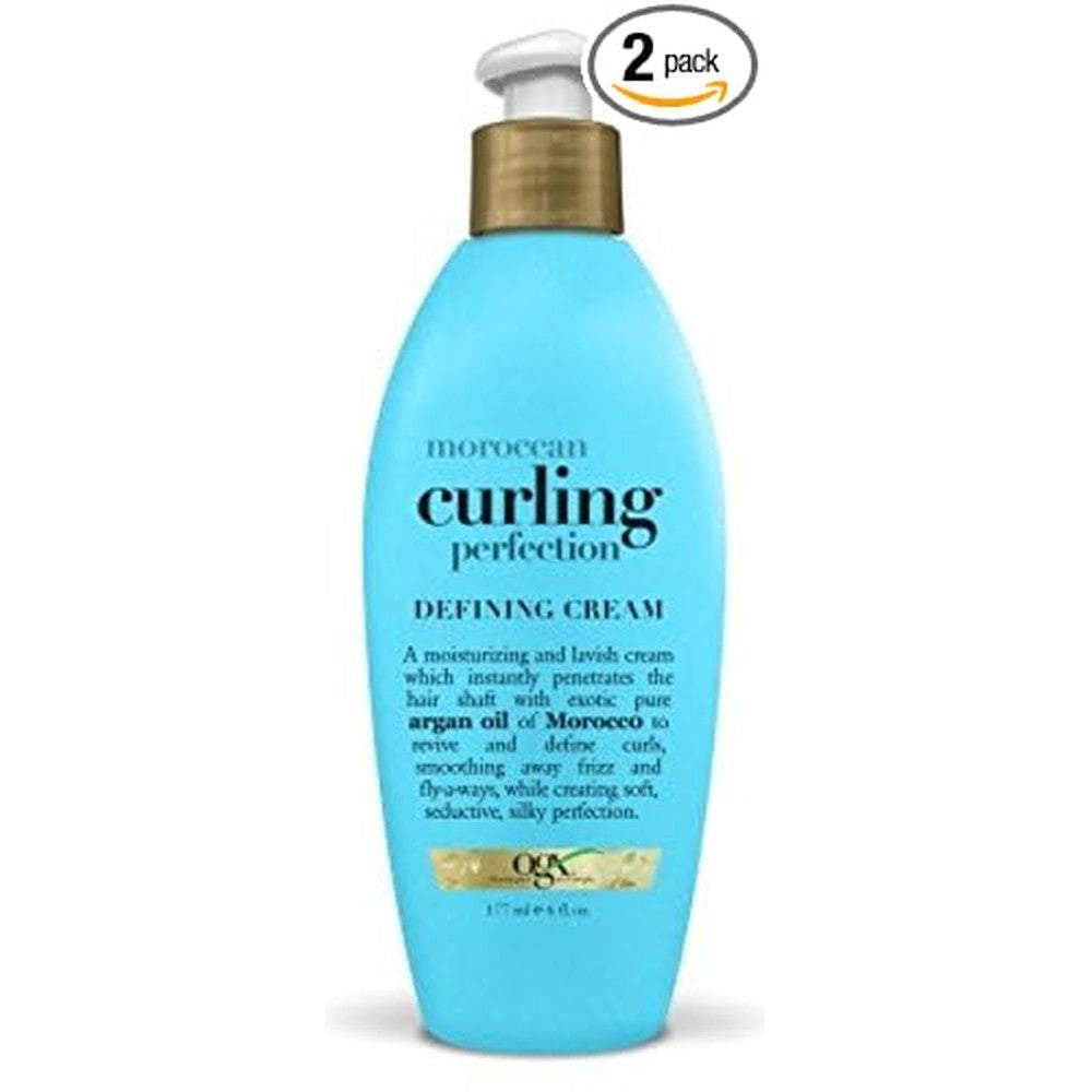 OGX Moroccan Curling Perfection Defining Cream front view of blue 177ml bottle for curly hair styling.