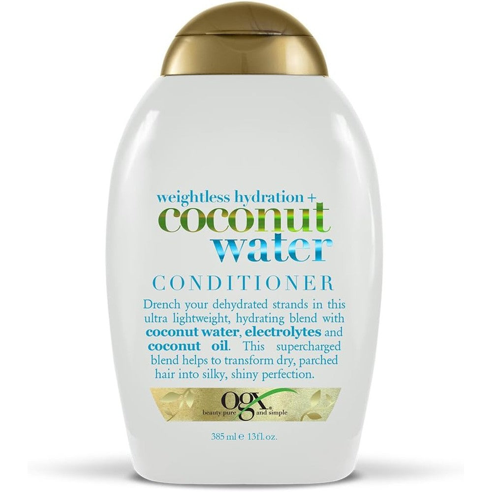 OGX Weightless Hydration Plus Coconut Water Conditioner front bottle view for dry hair care