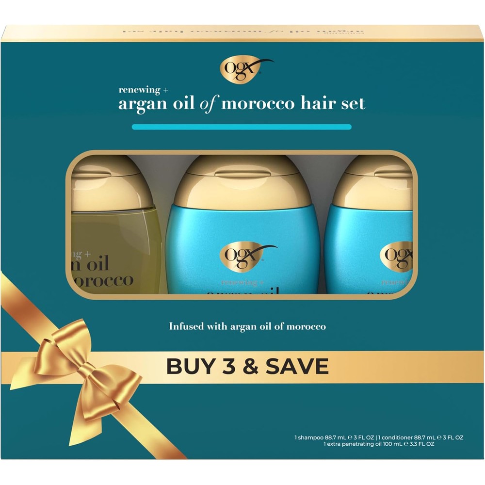 OGX Renewing Plus Argan Oil Of Morocco Travel Size Hair Care Set With Damage Repairing Shampoo Conditioner Three Fluid Ounces And Extra Penetrating...