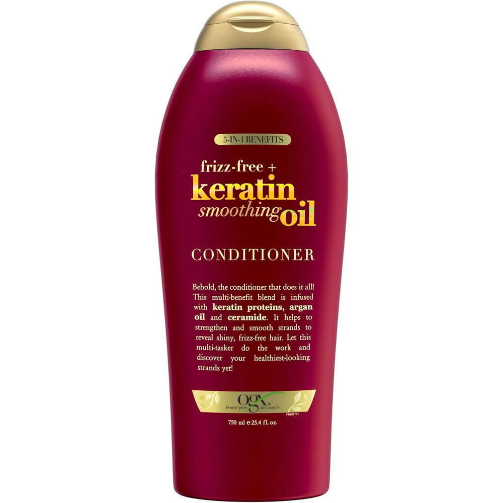 OGX Frizz Free Plus Keratin Smoothing Oil Conditioner 25.4 fluid ounces front view bottle