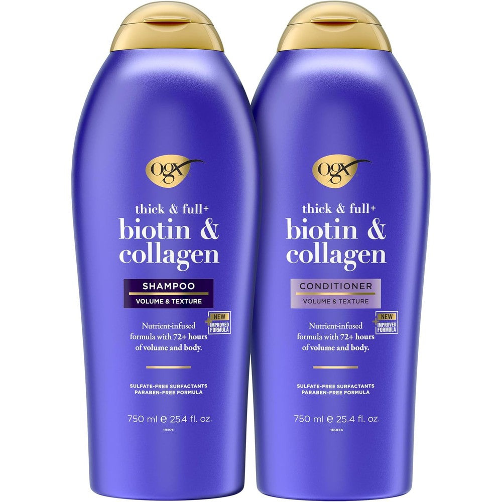 OGX Biotin and Collagen Shampoo and Conditioner Set front view showing two purple jumbo bottles