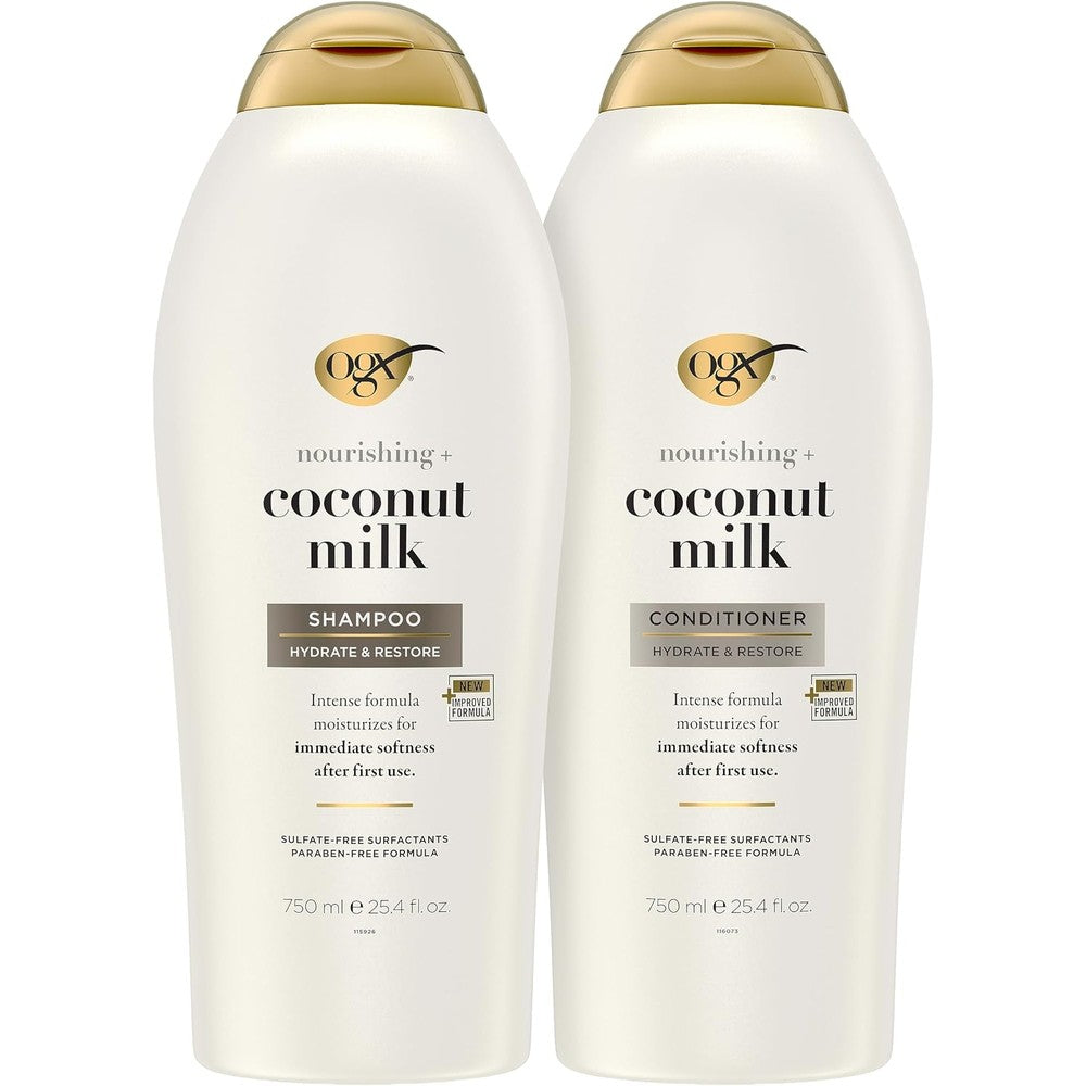 OGX Nourishing Coconut Milk Shampoo and Conditioner set front view for deep hair hydration.