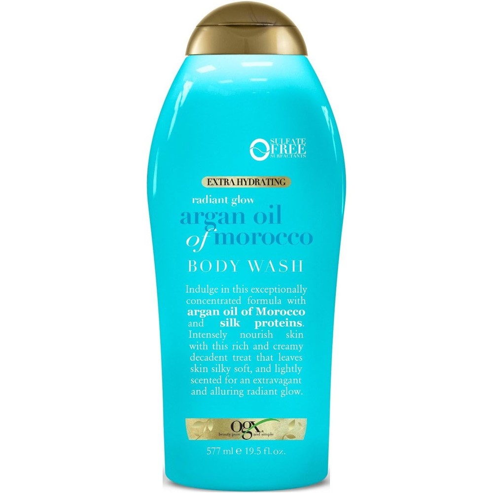 OGX Radiant Glow Argan Oil of Morocco Body Wash Pack of 2 front view showing hydrating formula bottles.