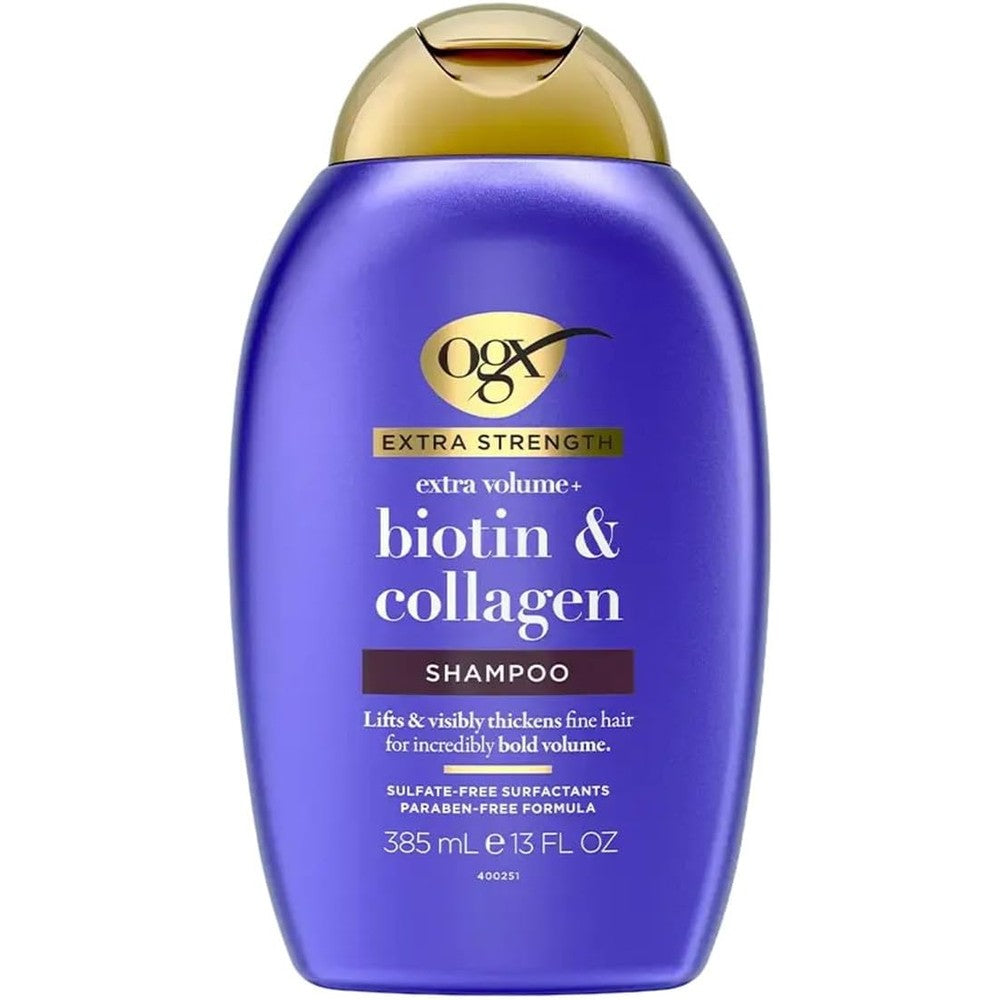 OGX Thick and Full Biotin and Collagen Extra Strength Volumizing Shampoo front view of the purple twin pack bottles.
