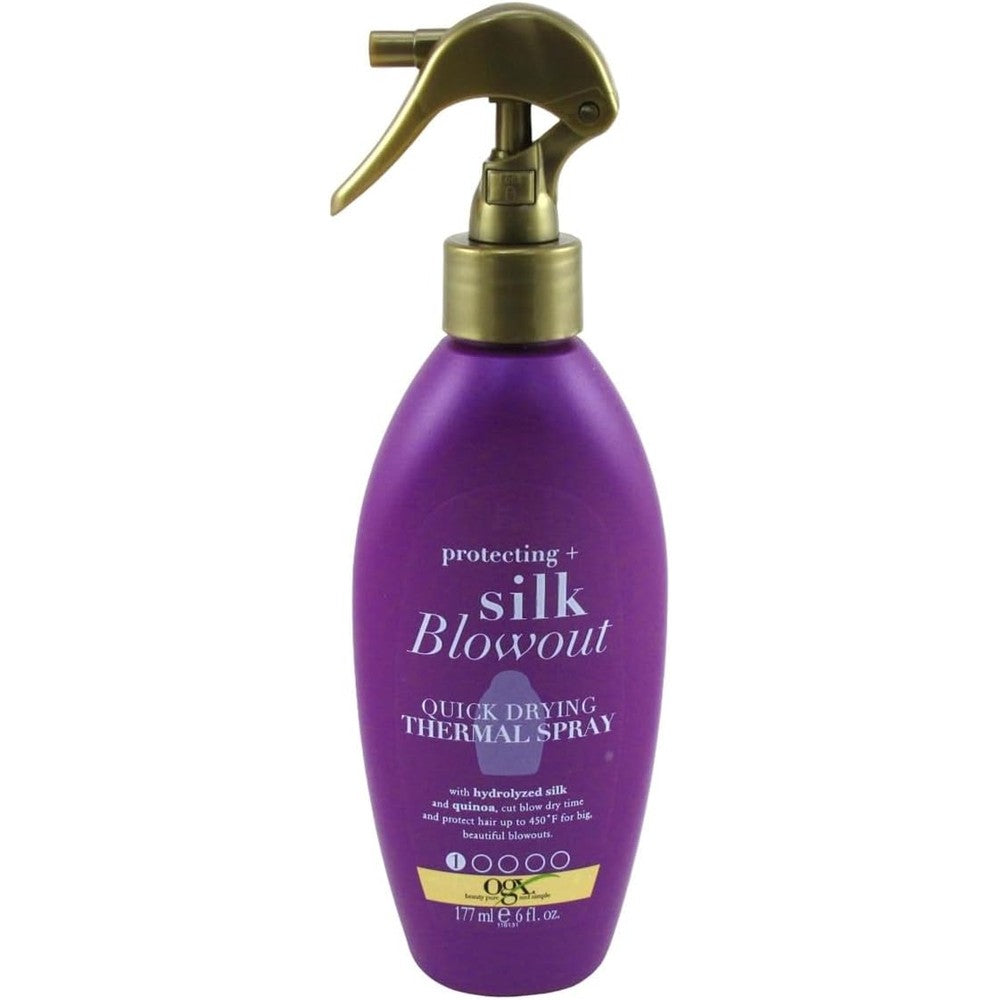 OGX Protecting And Silk Blowout Quick Drying Thermal Spray front view showcasing the twin pack packaging for heat protection.