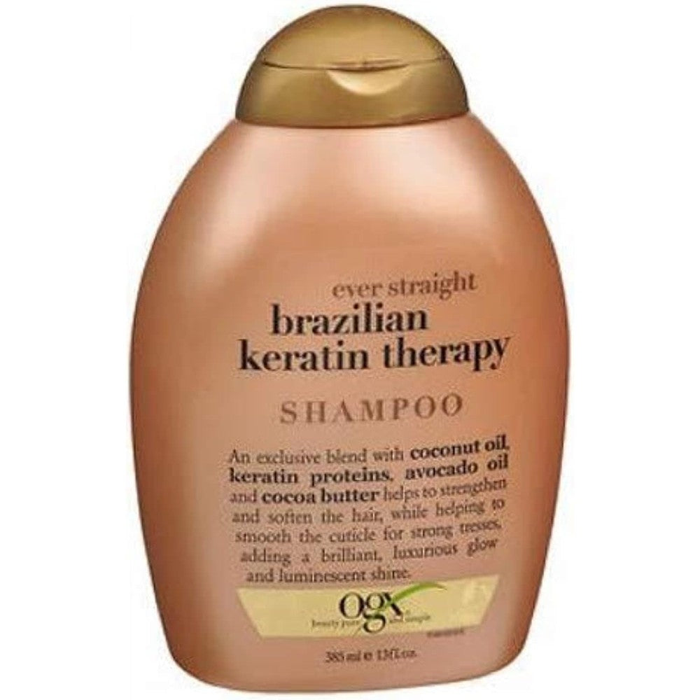 OGX Brazilian Keratin Therapy Shampoo front view twin pack for frizzy hair smoothing