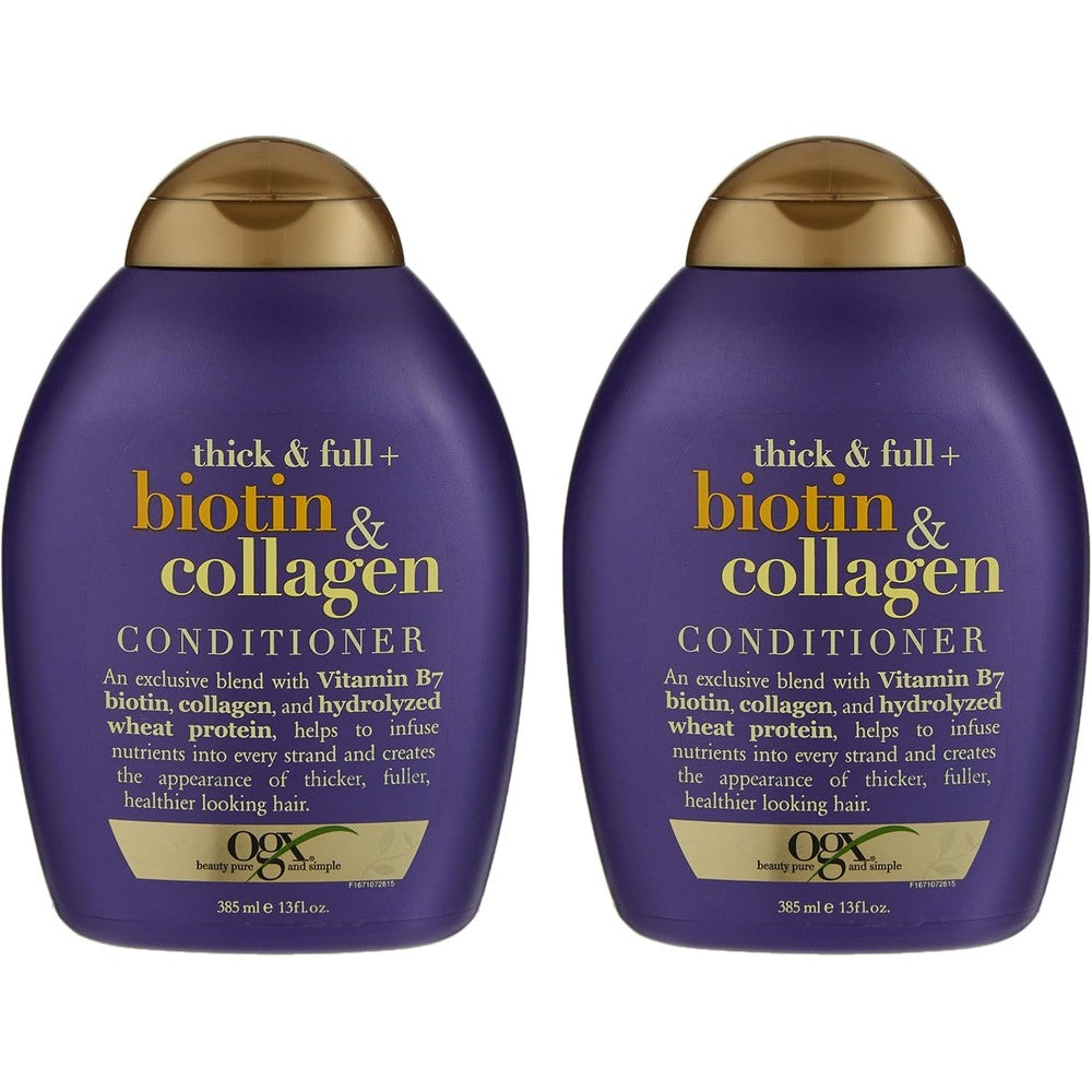 OGX Thick and Full Biotin and Collagen Conditioner two pack front view showing purple bottles.