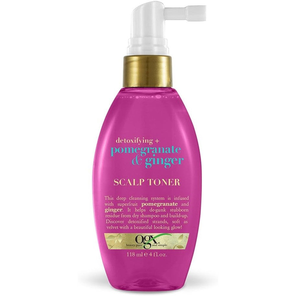 OGX Detoxifying Pomegranate and Ginger Scalp Toner front view bottle for residue removal