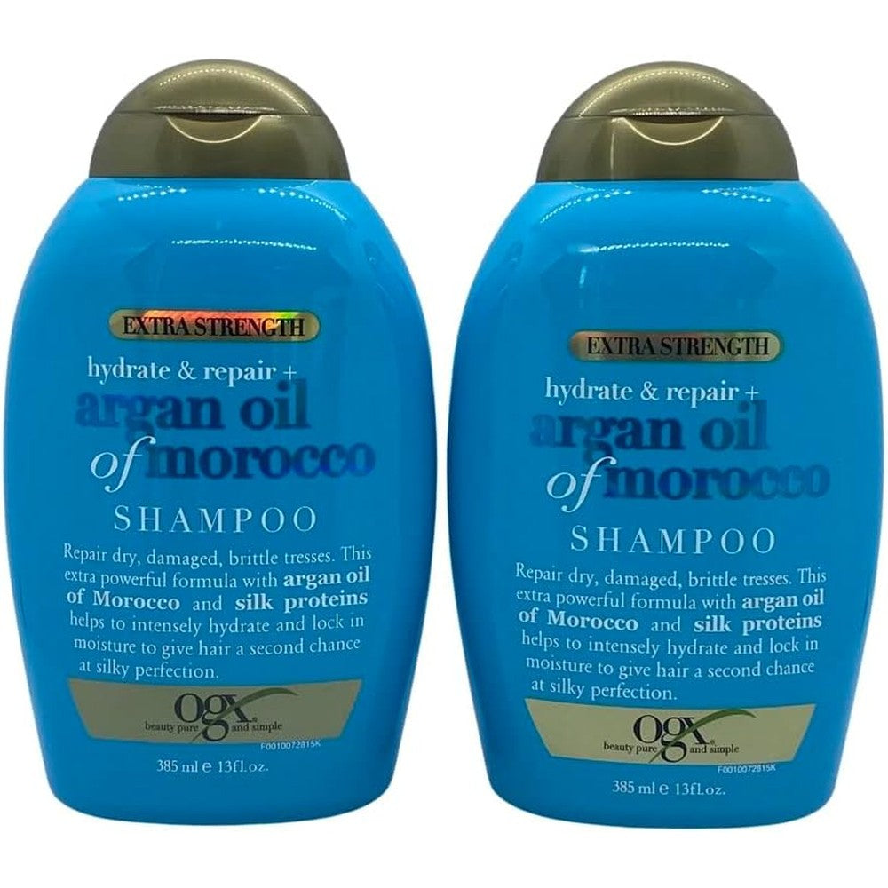 OGX Extra Strength Hydrate and Repair Argan Oil of Morocco Shampoo pack of two front view for damaged hair repair