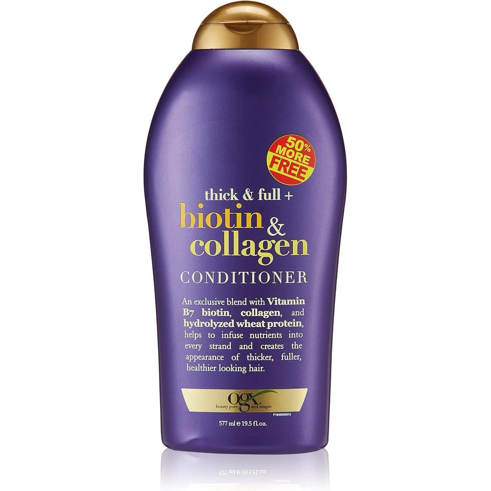 OGX Organix Thick and Full Biotin and Collagen Conditioner 19.5 Ounce front bottle view for hair volumizing.