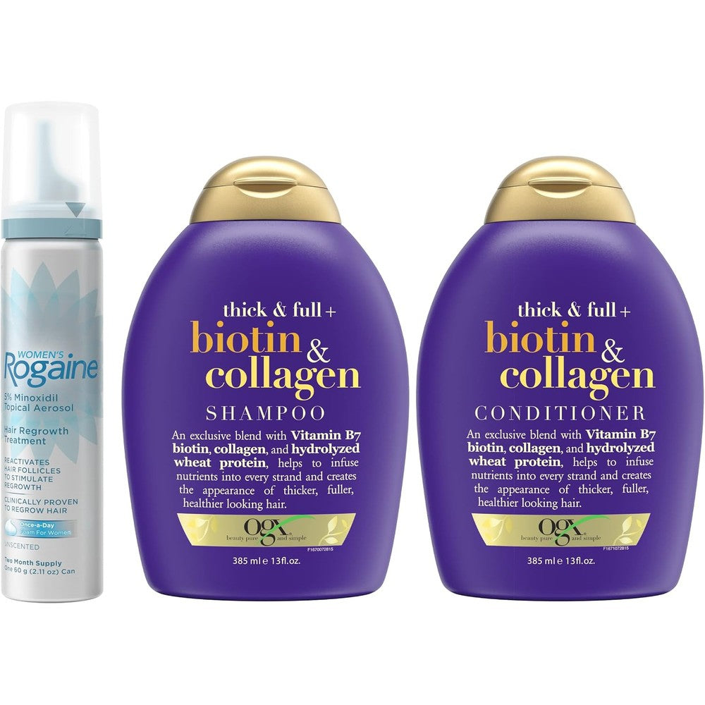 Women's Rogaine Five Percent Minoxidil Foam Hair Regrowth Treatment Four Month Supply With OGX Thick And Full Biotin And Collagen Shampoo And Condi...