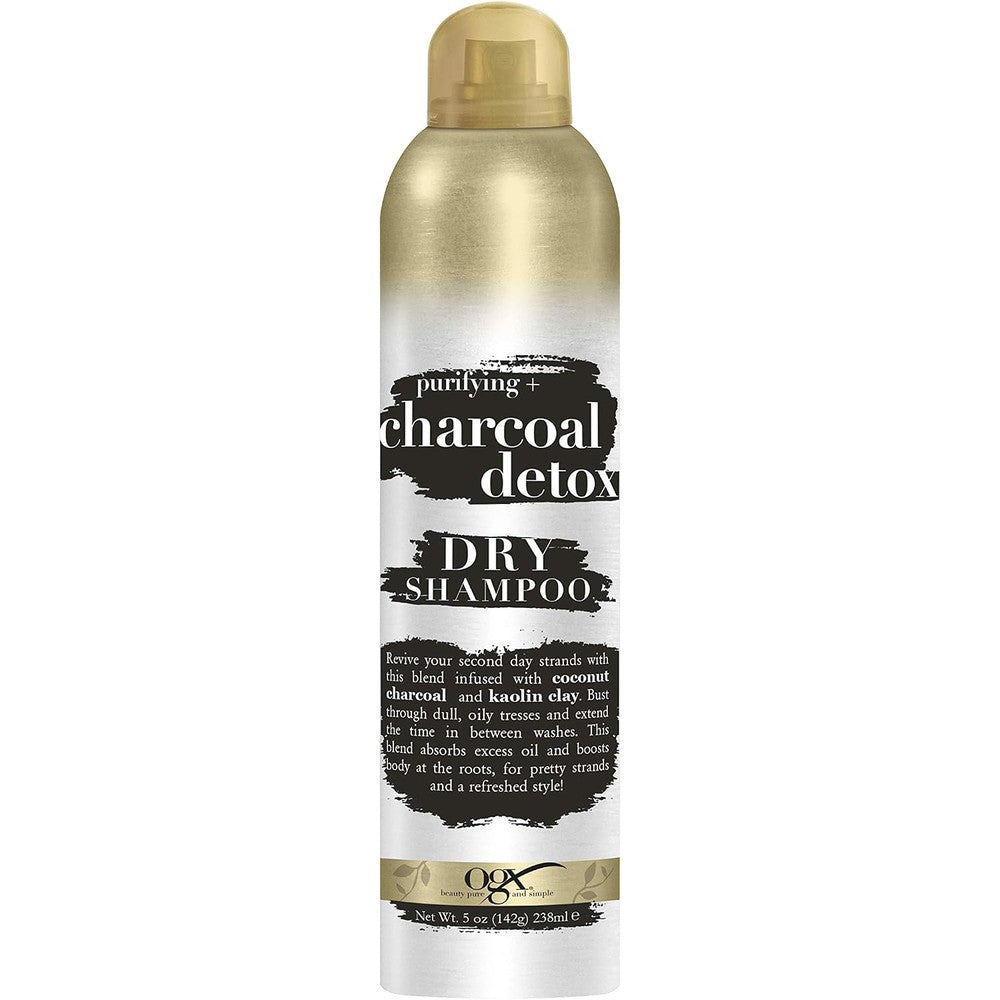 OGX Purifying and Charcoal Detox Dry Shampoo Spray front view for oily hair refresh