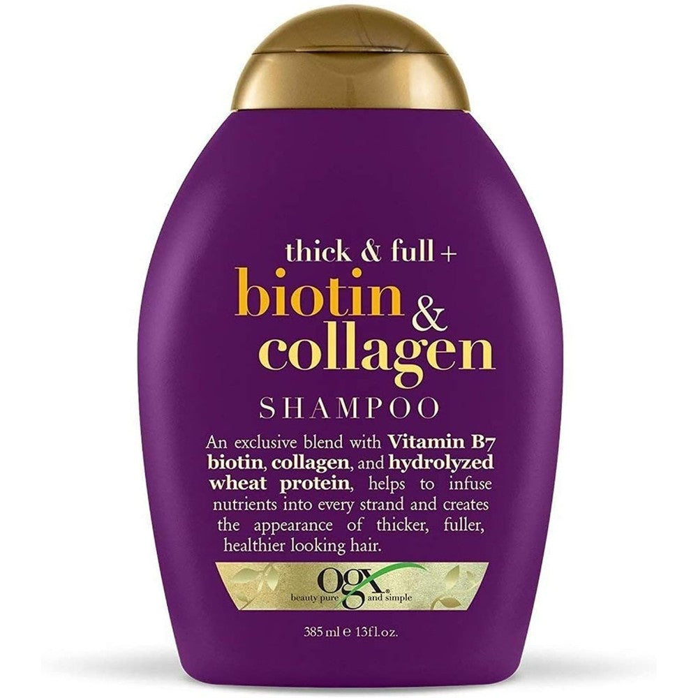OGX Biotin and Collagen Volumizing Shampoo two pack front view showing the purple bottles.