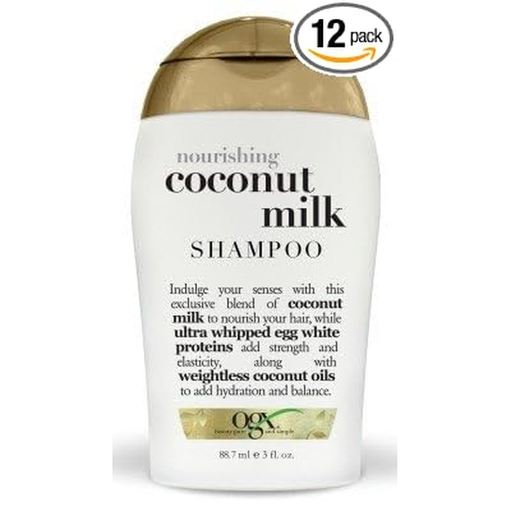 OGX Nourishing Plus Coconut Milk Shampoo travel size twelve pack front view