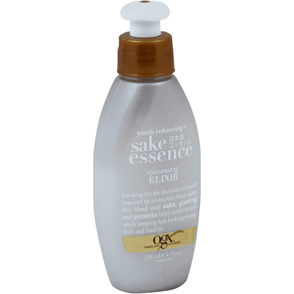 OGX Youth Enhancing Sake Essence Rejuvenating Elixir bottle front view for hair care
