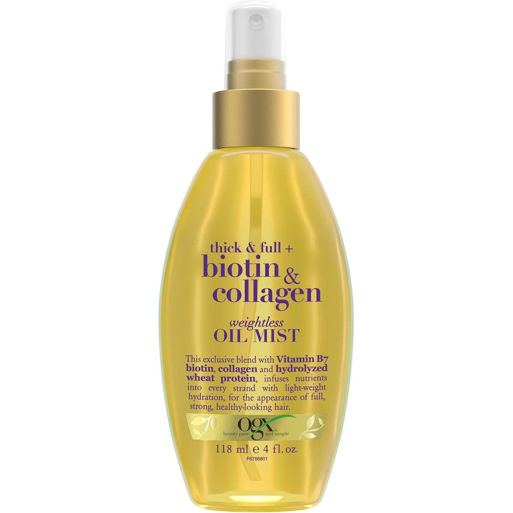 OGX Thick and Full Biotin and Collagen Weightless Healing Oil Mist front view spray bottle for volumizing hair