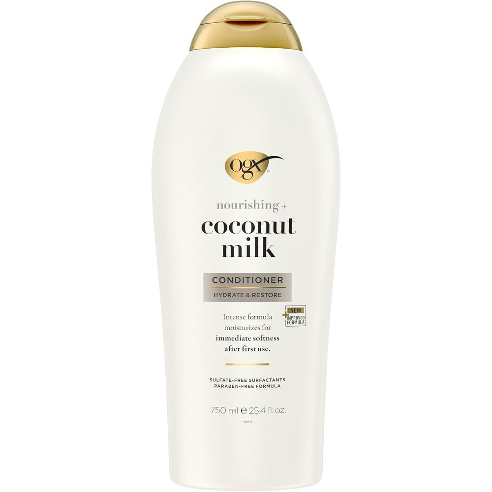 OGX Nourishing Plus Coconut Milk Moisturizing Conditioner front view of twenty five point four fluid ounce bottle