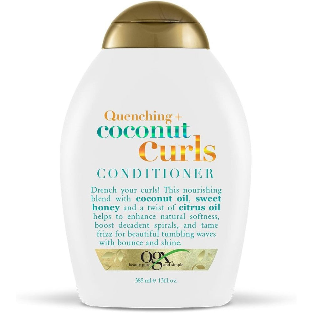 OGX Quenching and Coconut Curls Curl Defining Conditioner front view showing premium USA packaging for curly hair care.